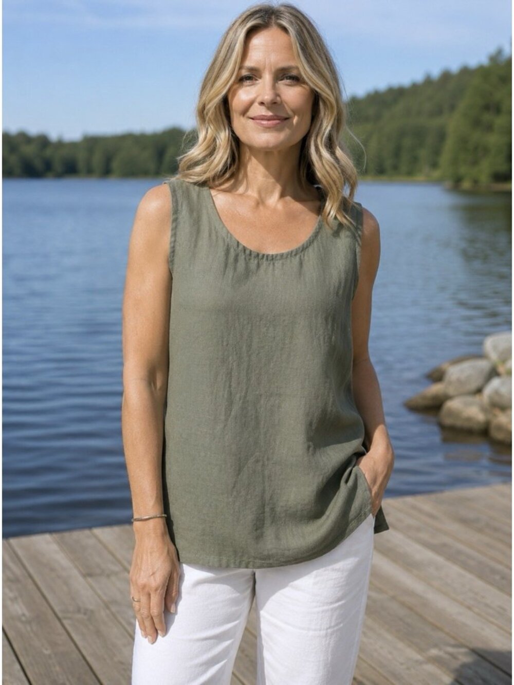 Dr Flax Tank Top Shirt L/XL Green Euro Washed Linen Oversized Lagenlook NEW